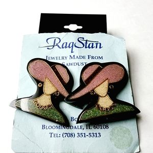 Classy woman figure earrings with big hat, green shirt and jewelry. Mother's day